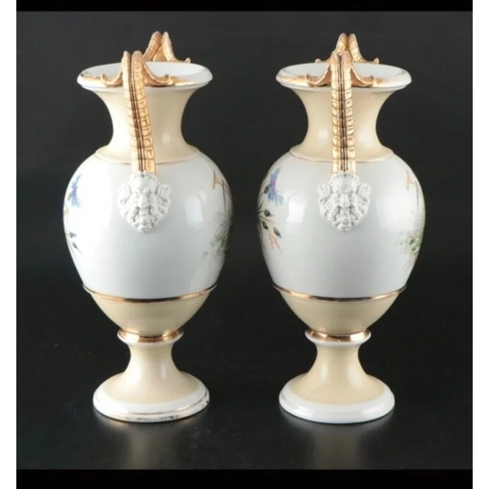 Bing & Grondahl B&G Pair Porcelain Urn Vases Hand Painted Floral Gold Gilt